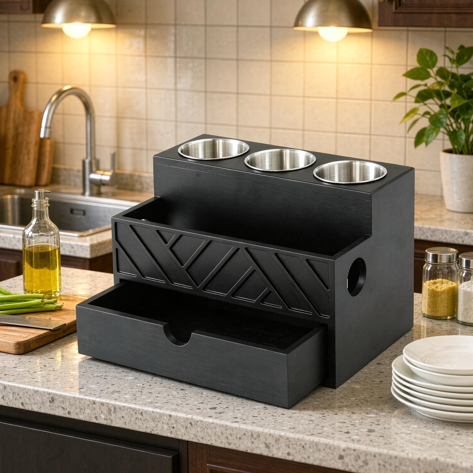 Generisch Haartrocknerhalter Mit abnehmbaren Bechern, Kabellöchern und | Föhnhalter zur Wandmontage Für Bürste Glätteisen Lockenstab Make-up Toilettenartikel Parfüm Schlafzimmer Kaffeebar