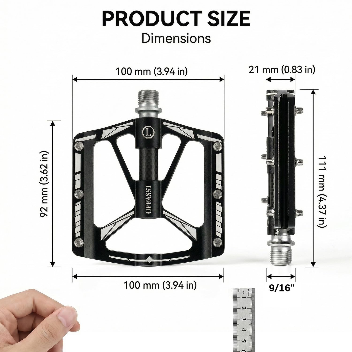 Pedales de bicicleta de montaña de carbono ultralichte 283 g, 3 rodamientos CNC de aluminio con tubo interior de carbono y eje Cr-Mo - 9/16" MTB/Road Bike Plataforma, 6 pines de acero
