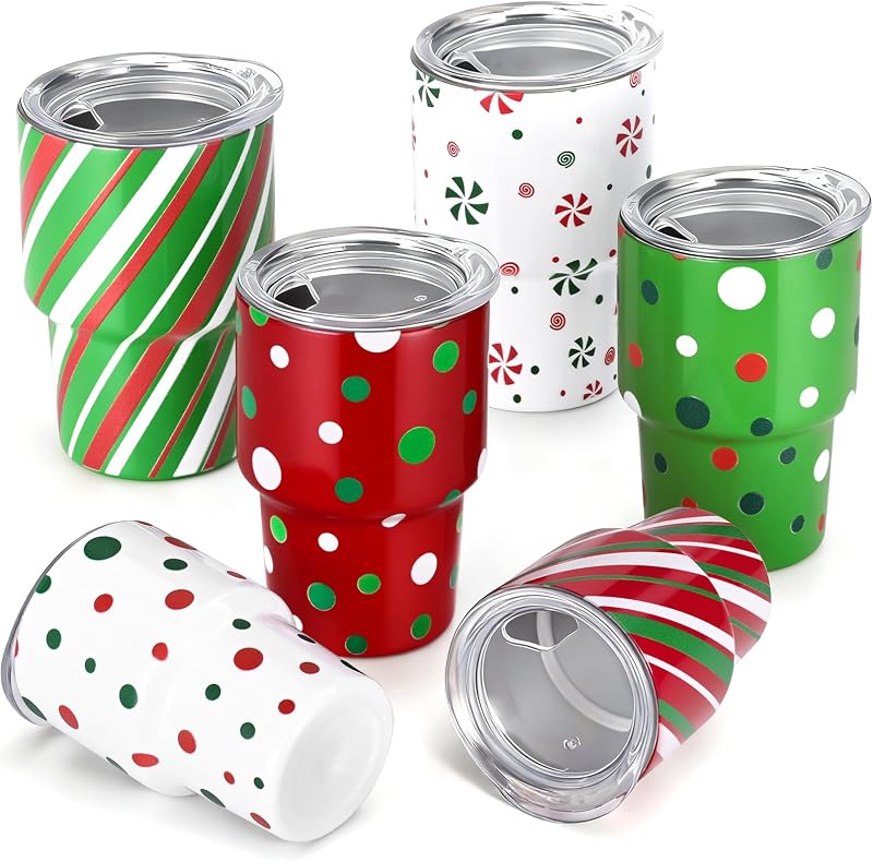 6 Pcs Set, Mini Shot Glasses with Christmas Stocking, Lids, and Straws, 3oz Stainless Steel Christmas Cups for Holiday Party, Family Gathering, and Christmas Stocking Stuffers