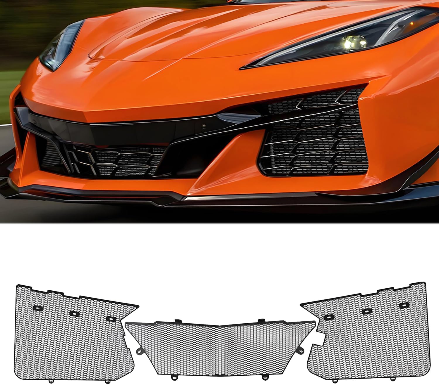 3Pcs Black Upgraded Front Radiator Guards Grille,Aluminum Body Bumper OEM Style Front Outer Grill Guard Protection Screens Grille Vents Insert Mesh Set for Corvette C8 Z06 2023 /E-Ray 2024