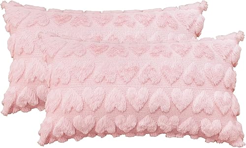 AVOIN colorlife Juego de 2 fundas de almohada de corazón para el día de San Valentín, 12 x 20 pulgadas, color rosa, suave, de piel sintética,