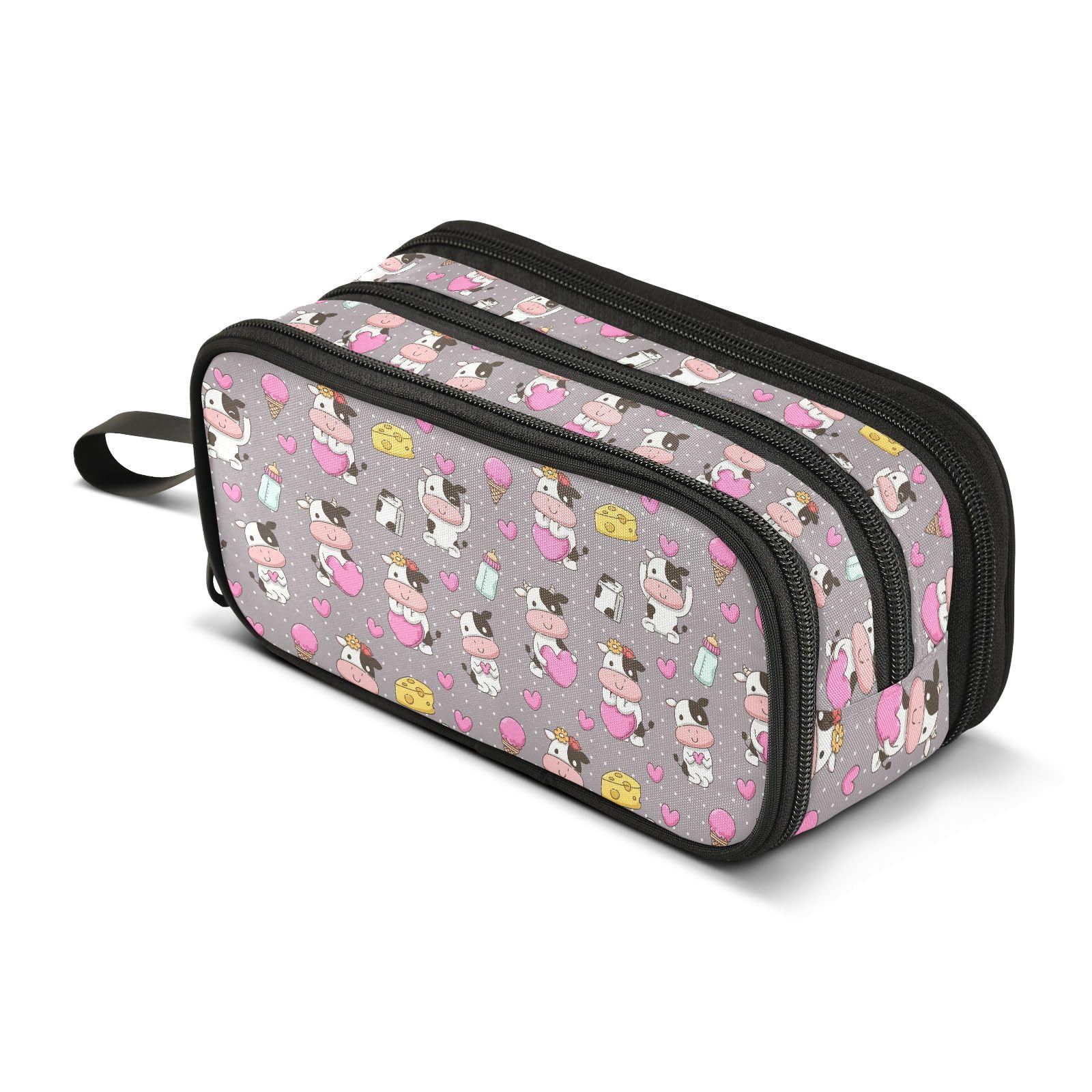 ZAZYXTJ Cute Cow Pencil Case Large Capacity Pencil Pouch | 3 Compartment Storage Canvas Makeup Bag for School Office Teen Girl Boy Men Women