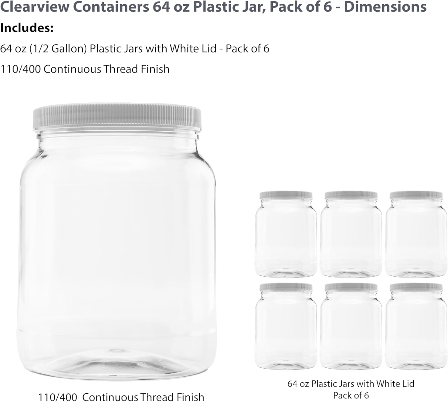 Plastic Storage Jars with Leak Proof Lids, BPA Free, Hand Wash Only (64oz, 6PK White)