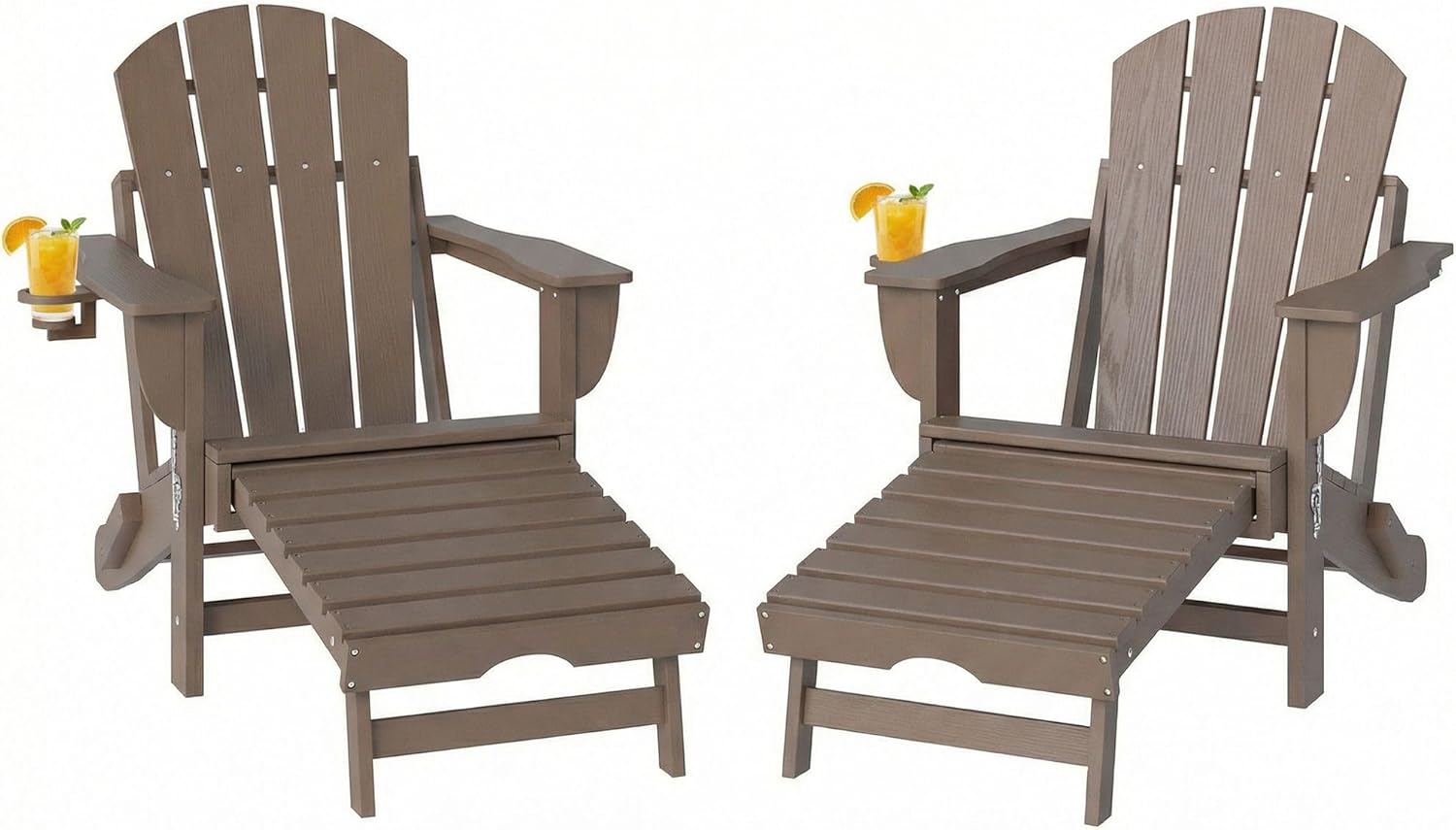 Folding Adirondack Chair Set of 2: HDPE Fire Pit Chairs with Retractable Ottoman, Cup Holder & Wood Grain Finish, Brown
