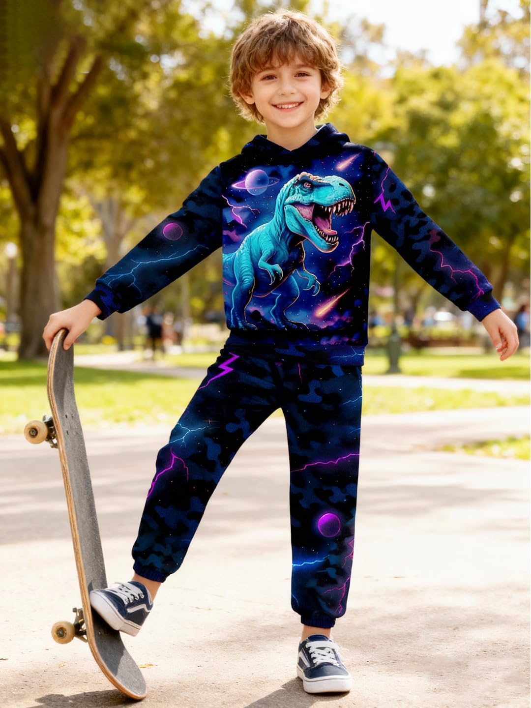 Boy Clothes Long Sleeve Lightning T-Rex Dinosaur Print Hoodie Sweatshirt Cool Pants 2pcs Fall Outfits Set