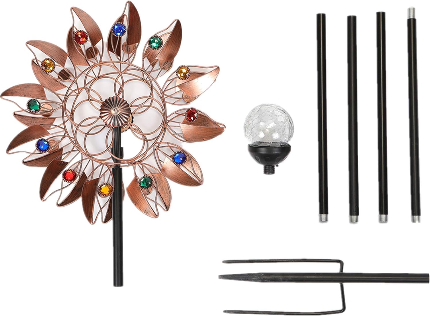 HDNICEZM Solar Wind Spinner Multi-Color LED Lighting by Solar Powered Glass Ball with Kinetic Wind Aculptures Dual Direction Decorative Lawn Ornament Wind Mill