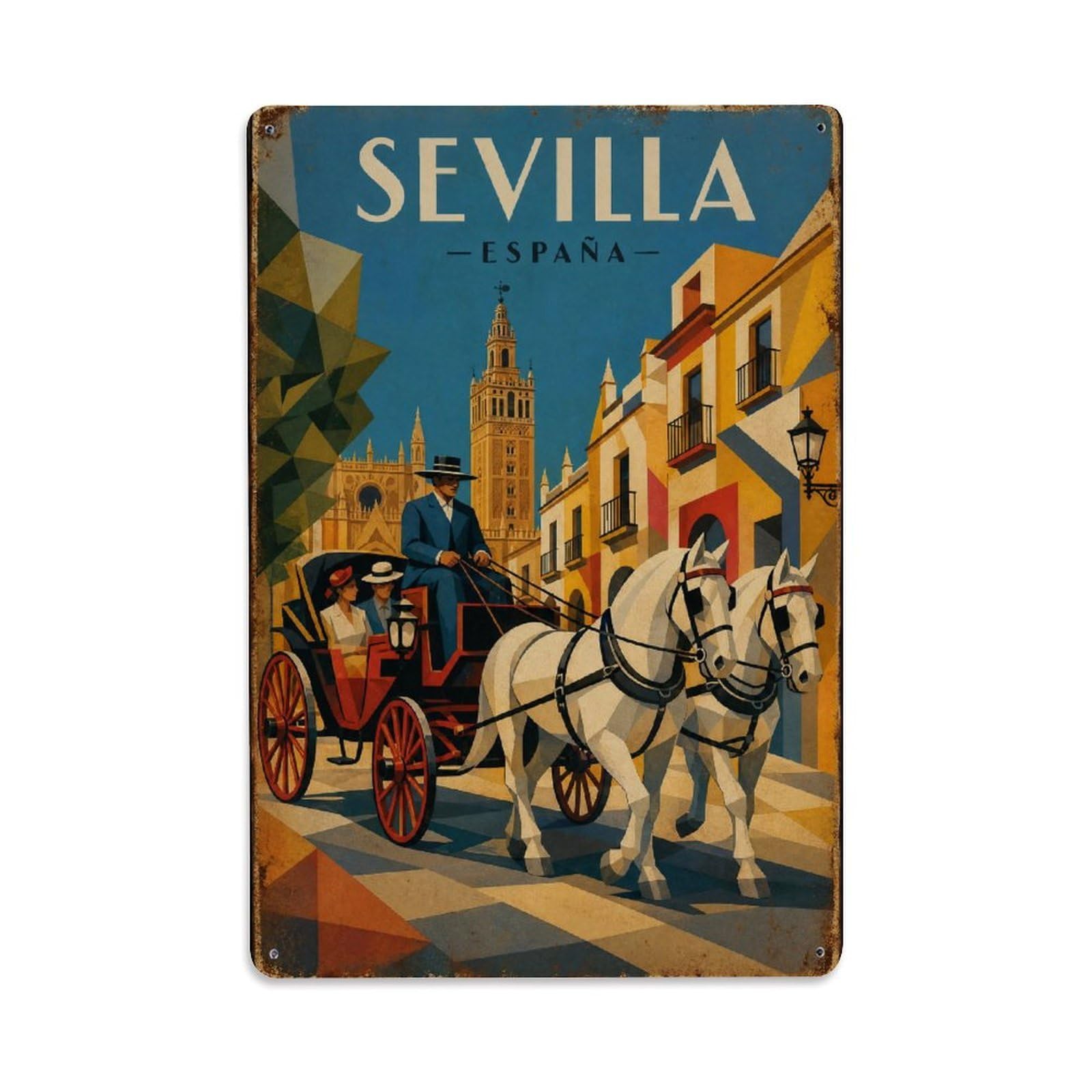 Vintage Travel Seville Horse Carriage Ride City Tour Metal Tin Sign