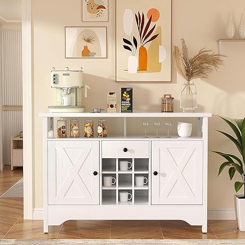 VOWNER Armario de barra de café, 47 pulgadas, armario de buffet con estante extraíble para vinos y puertas de granero, barra de licor de vino para