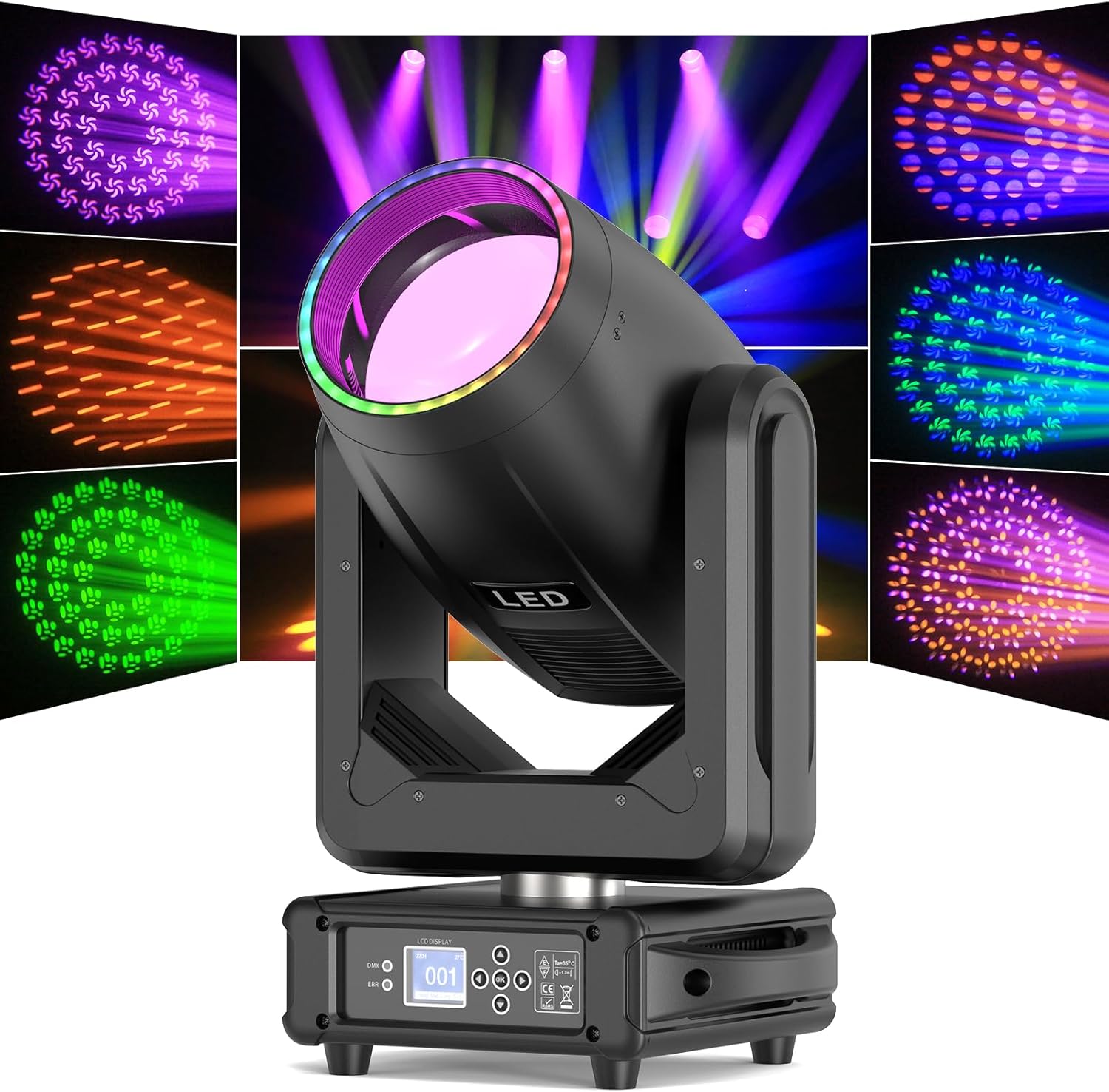 200W LED Moving Head Light with 360° Full-Color Dynamic Aperture, 152MM Optical Lens DMX512 Smart Control, Beam Light for Theaters, Shows & Stage, Wedding, Club, DJ Show
