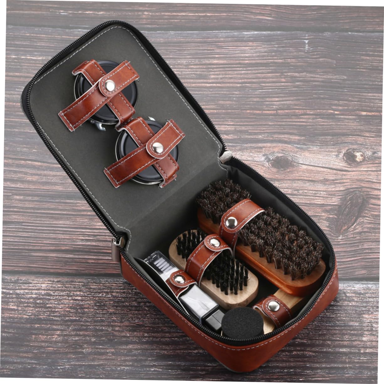 Juego de Betún para Zapatos de 9 Piezas Cepillo de Cerdas Marrón | Lustrado y Limpieza Eficaz, Diseño Creativo, para Botas y Calzado, Set Portátil para Hombre y Mujer