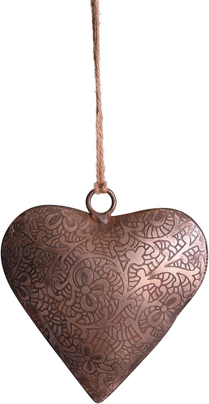 Metal Etched Engraved Heart Shaped Ornament on Burlap Twine (1 Piece)