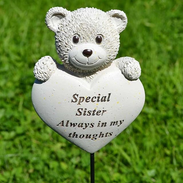 Angraves Special Sister Teddy Bear Heart Memorial Tribute Stick Graveside Plaque