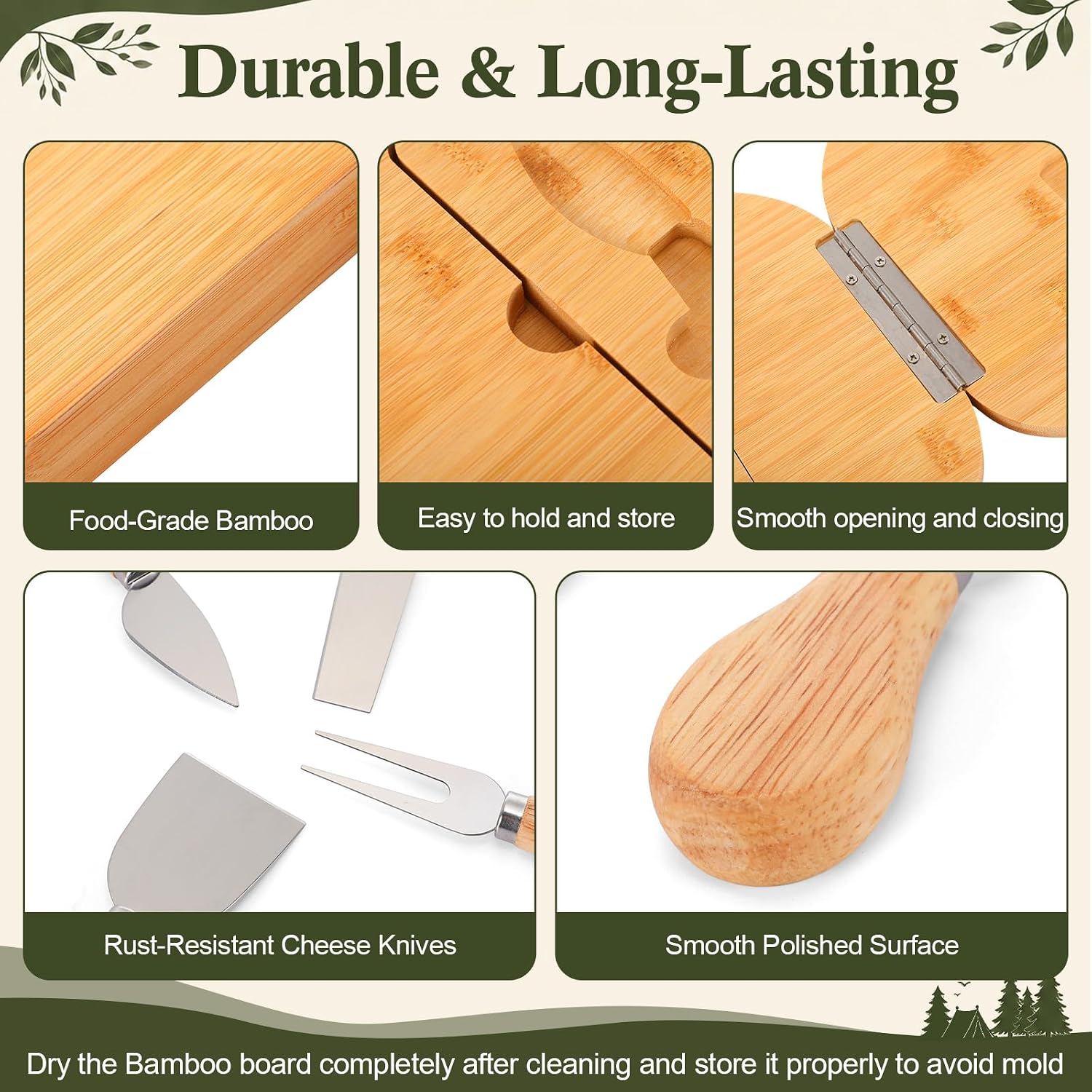 5 Pcs Camping Themed Foldable Charcuterie Board Set Include 15.4 x 11'' Rv Shaped Bamboo Cutting Board with Cutlery, 2 Happy Camper Kitchen Dish Towels and 2 Camper Wood Coasters