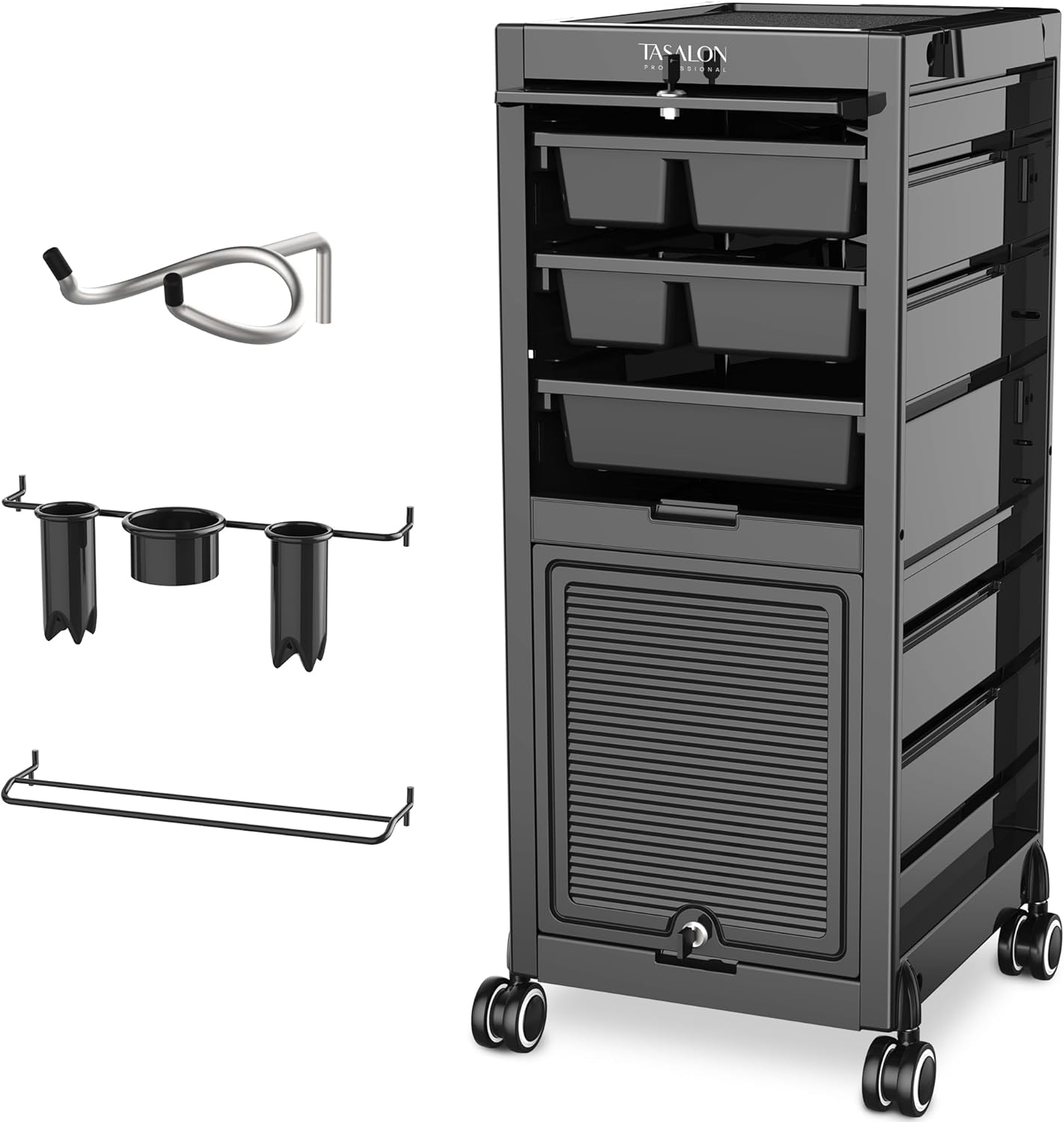 Black Lockable Salon Trolley Cart with 6 Drawers and Tool Holders