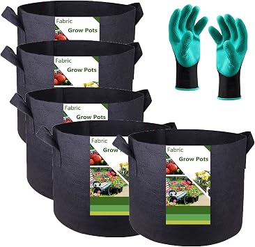 5-Pack 1 Gallon Thickened Nursery Bags Plant Grow Bags 7x6 inch Fabric Plant Pots Garden Bag for Flower Pot,Herbs Veggies Planter Bag,Garden Pots,Barrel Planter,Plant Container with Gardening Gloves