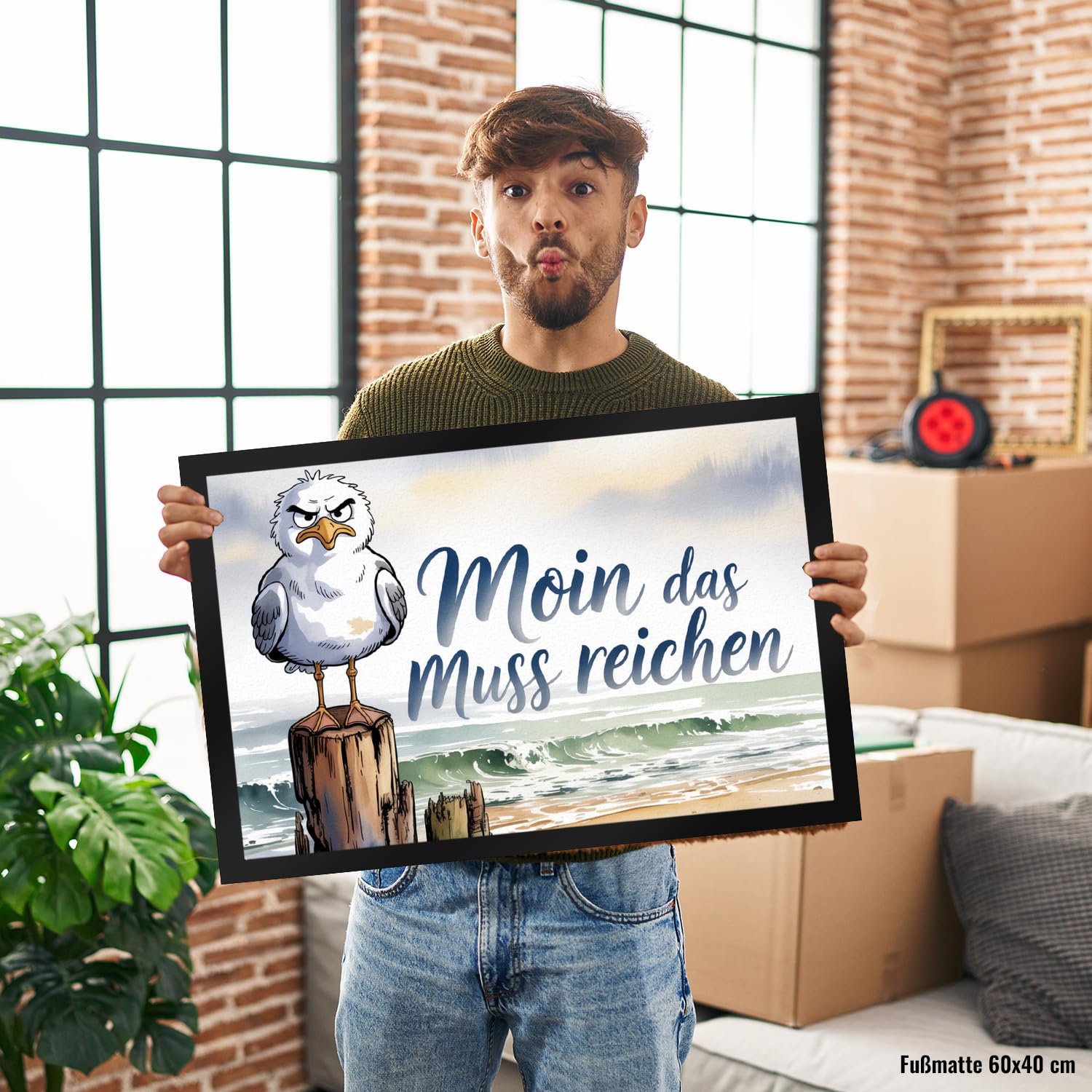 speecheese Möwe Aquarell Moin Spruch Fußmatte XXL in 50x75 cm für Nordseefans Maritime Türmatte mit lustigem Küstenspruch