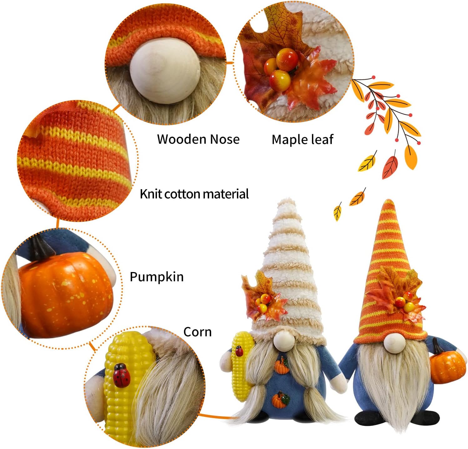 CRCZK Thanksgiving Gnome Decorations for Home, 2Pack Handmade Thanksgiving Gnome Plush Decor Swedish Gnomes Ornaments with Pumpkin Corn Maple Leaves Fall Gifts Autumn Holiday Home Kitchen Decorations - Image 4