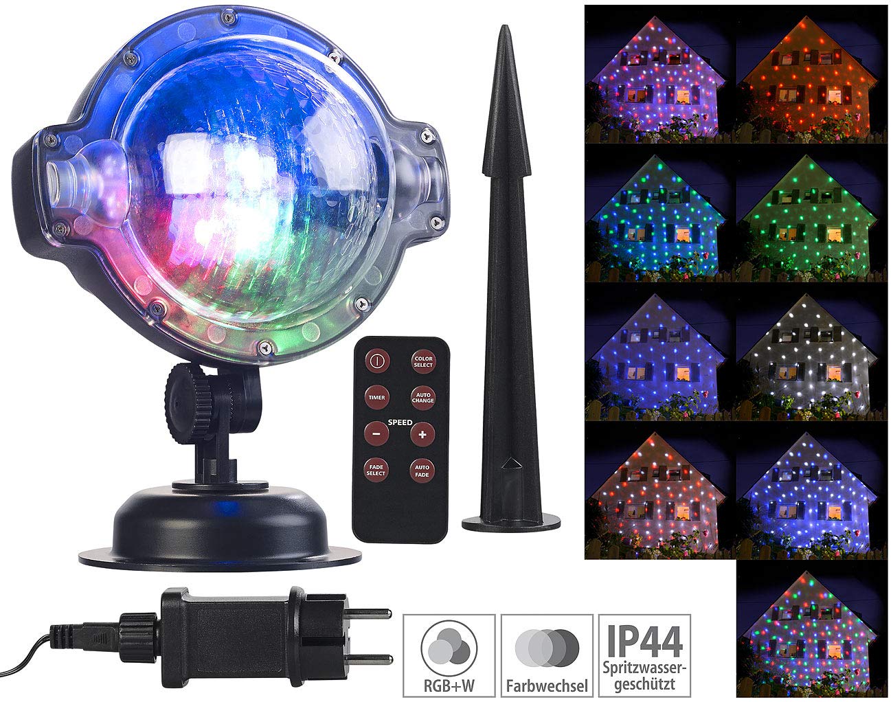 Lunartec Projektionslampe: LED-Kugellampe mit Schneefall-Effekt und Timer, weiß + RGB, IP44 (Projektionslampe Weihnachten, Weihnachtsstrahler, Laserprojektor Outdoor)