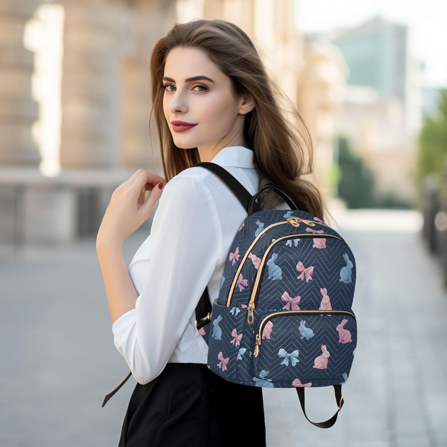 Blue Pink Bow Rabbit Backpack Purse for Women Shoulder Bag Fashion Daypack Ladies Handbag Lightweight Travel Bag Rucksack