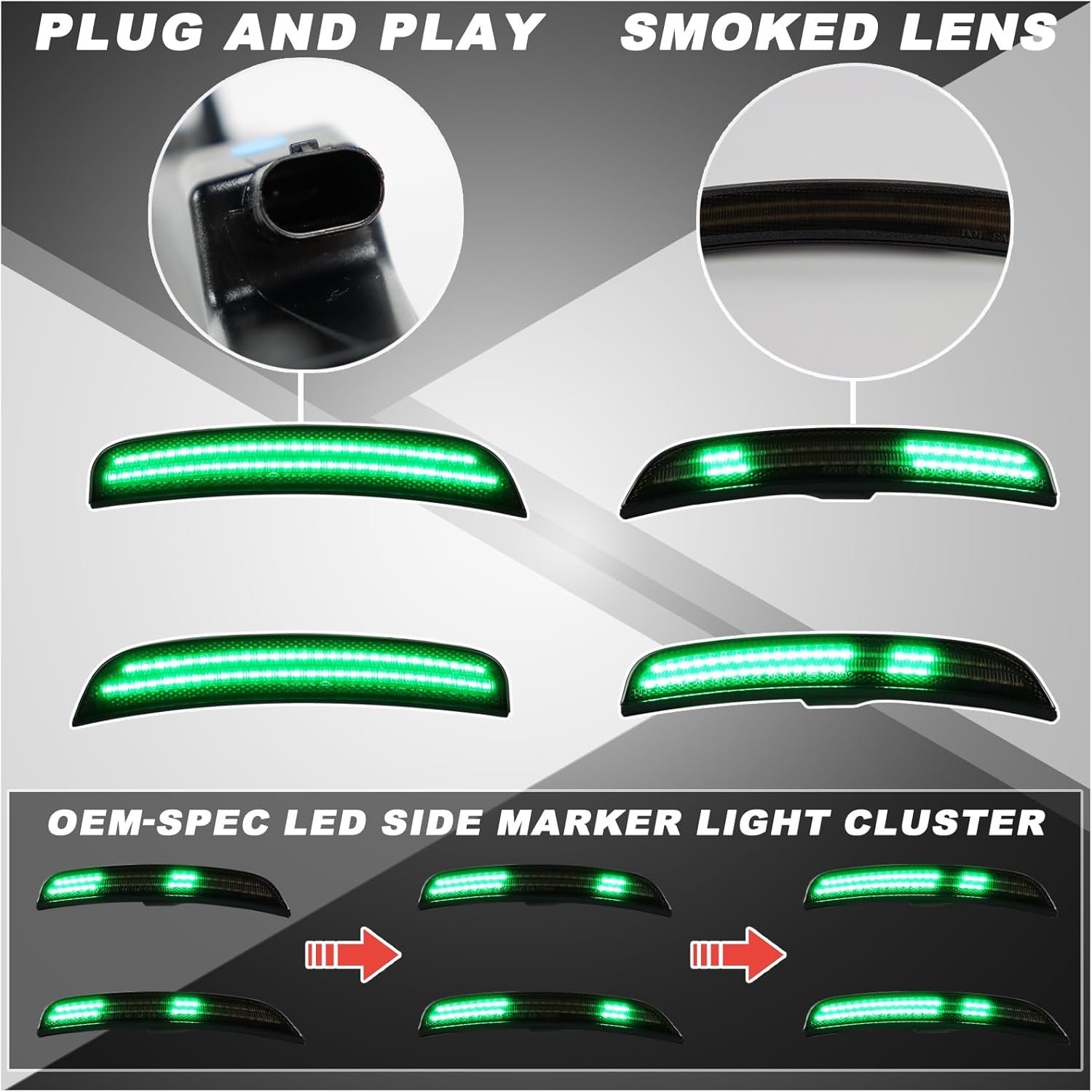 Dynamic Smoked LED Side Marker Lights for 2015-2024 Chrysler 300 - Dynamic Sequential Turn Signals | Green Front & Rear | Plug & Play 4-Piece Direct Fit (Green)