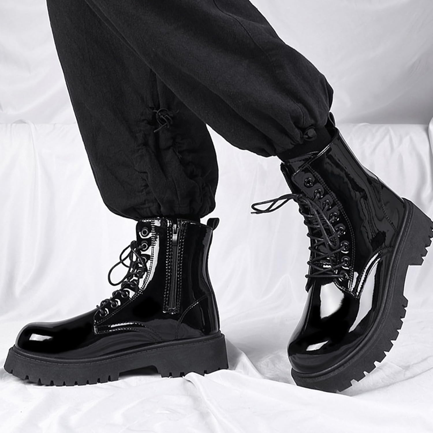 Mens Patent Leather Combat Boots Platform Comfort Side Zipper Round Toe Lace Up Chunky Heel Motorcycle Booties Non Slip High Top Dress Black Boots - Image 2