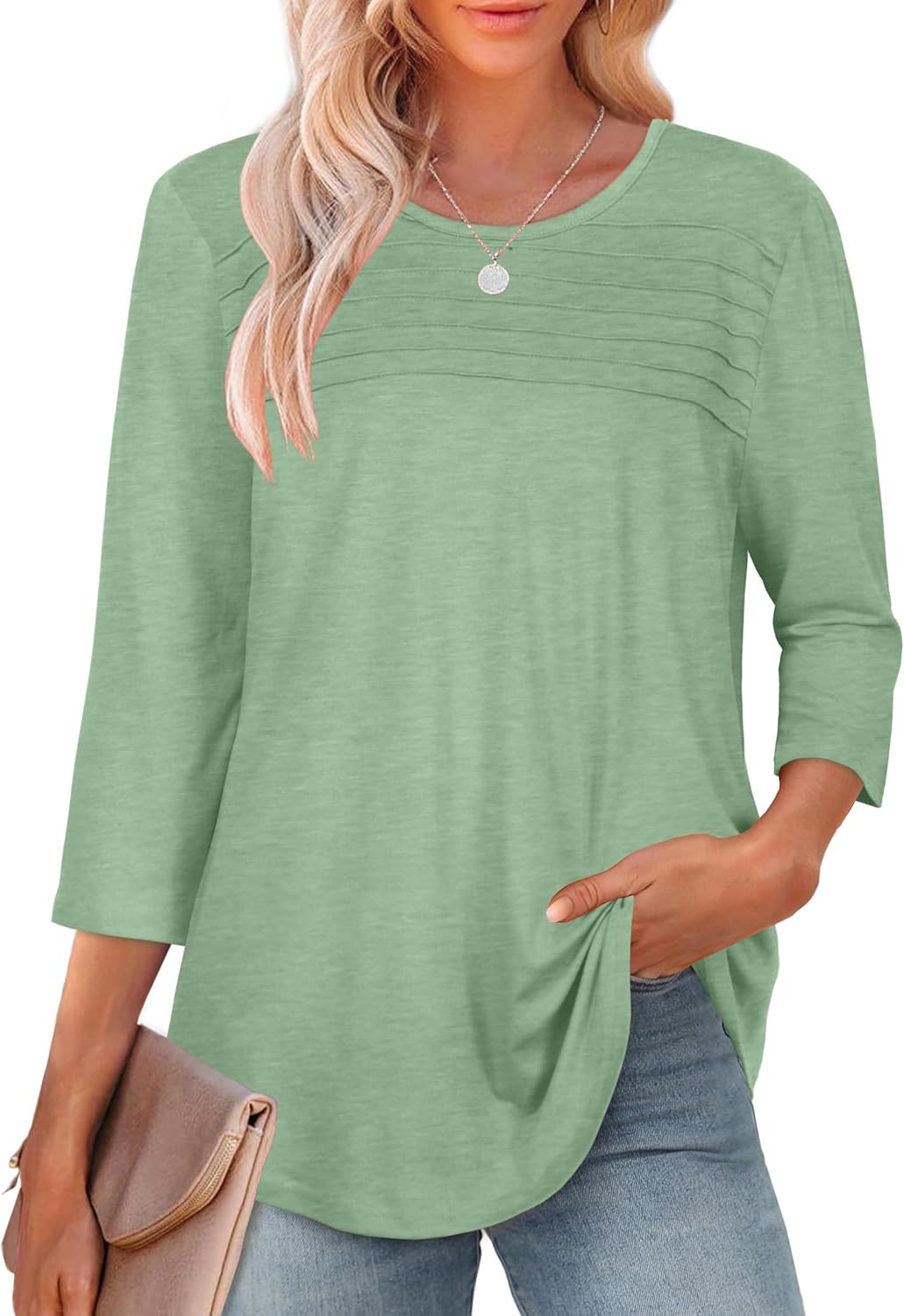 rosemia 3/4 Length Sleeve Womens Tops Crewneck Casual Tunic Dressy Pleated Front Loose Fit T Shirts - Image 2
