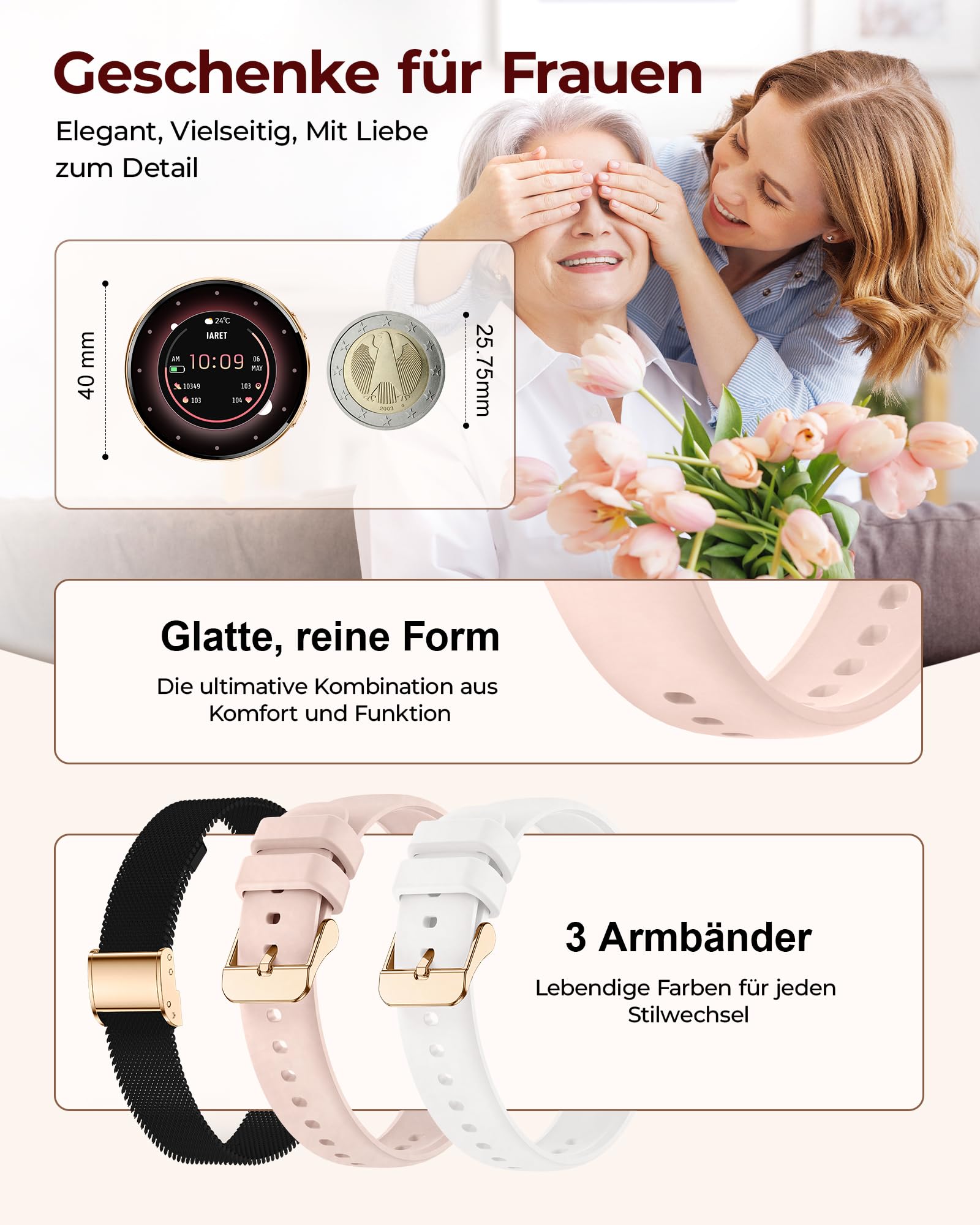 Iaret Smartwatch Damen Rund mit 3 Armbändern, 1,27" AMOLED Display, Telefonfunktion, 120+ Sportmodi, 24H SpO2/Puls, Schlafmonitor, Fitnessuhr für iOS Android, Schwarzgold - Geschenk für Frauen