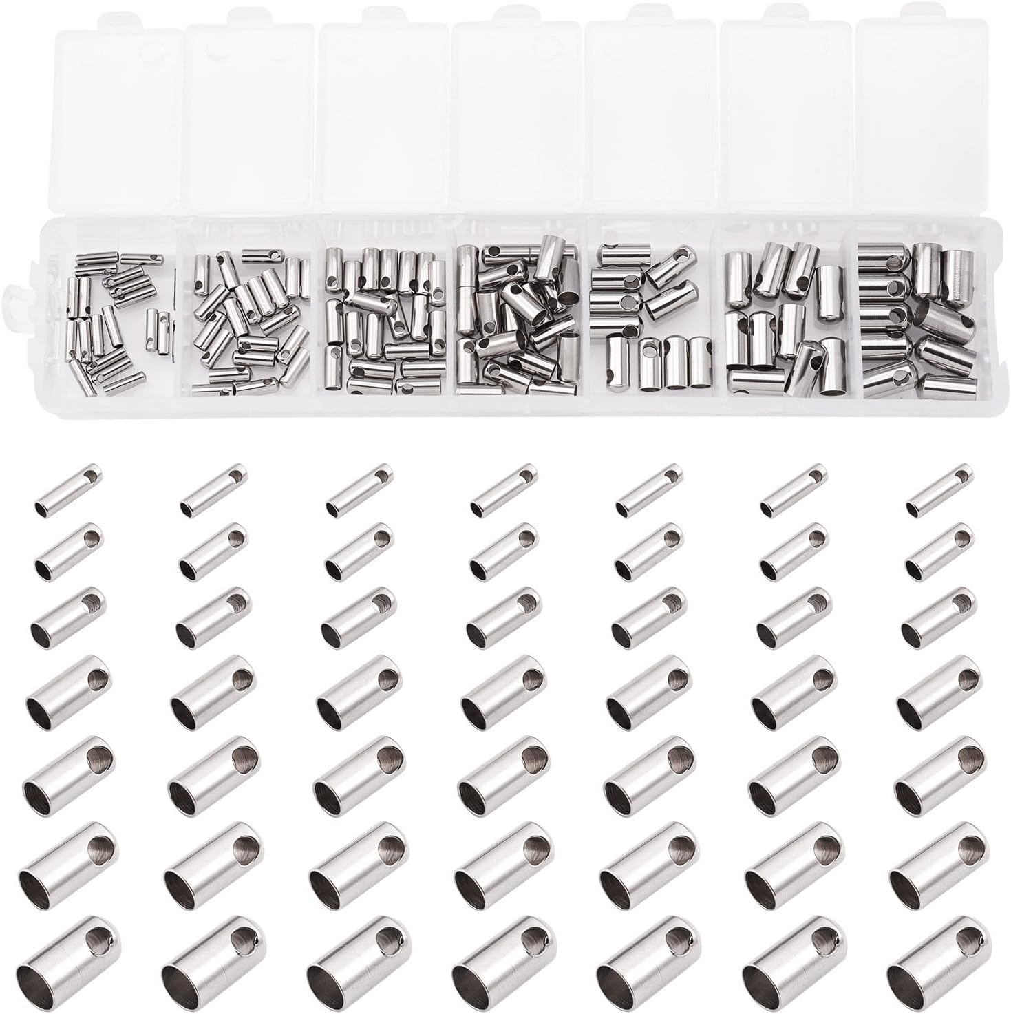 Pandahall 7 Size 110 Pcs/Box Stainless Steel Tube Leather Cord Ends