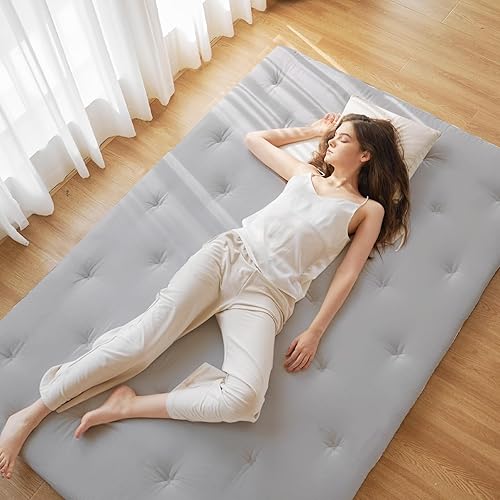 Miniatura 8 de ZonLi Colchón de futón japonés tamaño matrimonial de 54 x 80 pulgadas, 100% algodón, tapete plegable de tatami, tapete portátil para dormir, tumbona