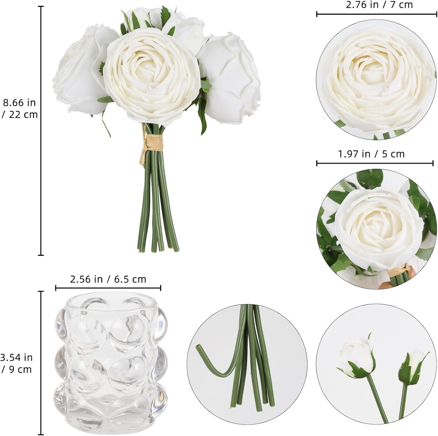 IPOPU Artificial Flowers with Vase,Real Touch White Roses in Vase Realistic Fake Rose Bouquet for Wedding Home Dining Table Centerpiece Decor(White) - Image 3