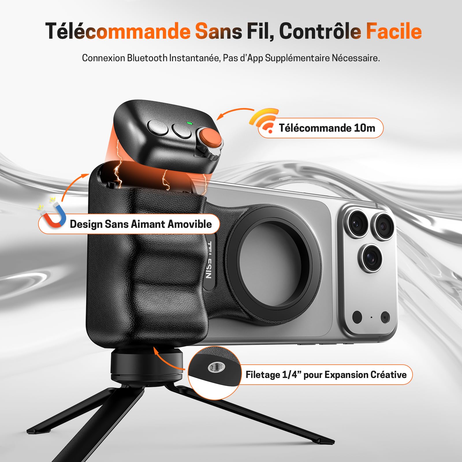 Jeebel Poignée Magnétique pour Téléphone, Magnetic Phone Camera Grip avec Télécommande Bluetooth USB, Filetage 1/4 Pouce, Poignee Stabilisateur pour Selfie Vlog Vidéo avec iPhone & Smartphone Android