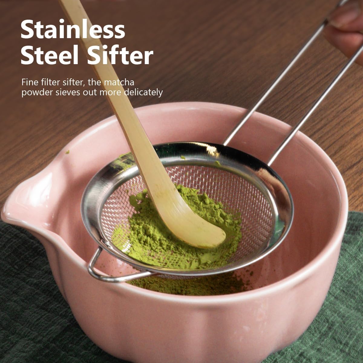 Pink Matcha Whisk Set, 7 Pcs Matcha Kit Includes Matcha Bowl with Spout, Bamboo Whisk, Chasen Holder, Sifter, Scoop and Rest, Tea Towel, Matcha Making Kit Tools for Family/Friend