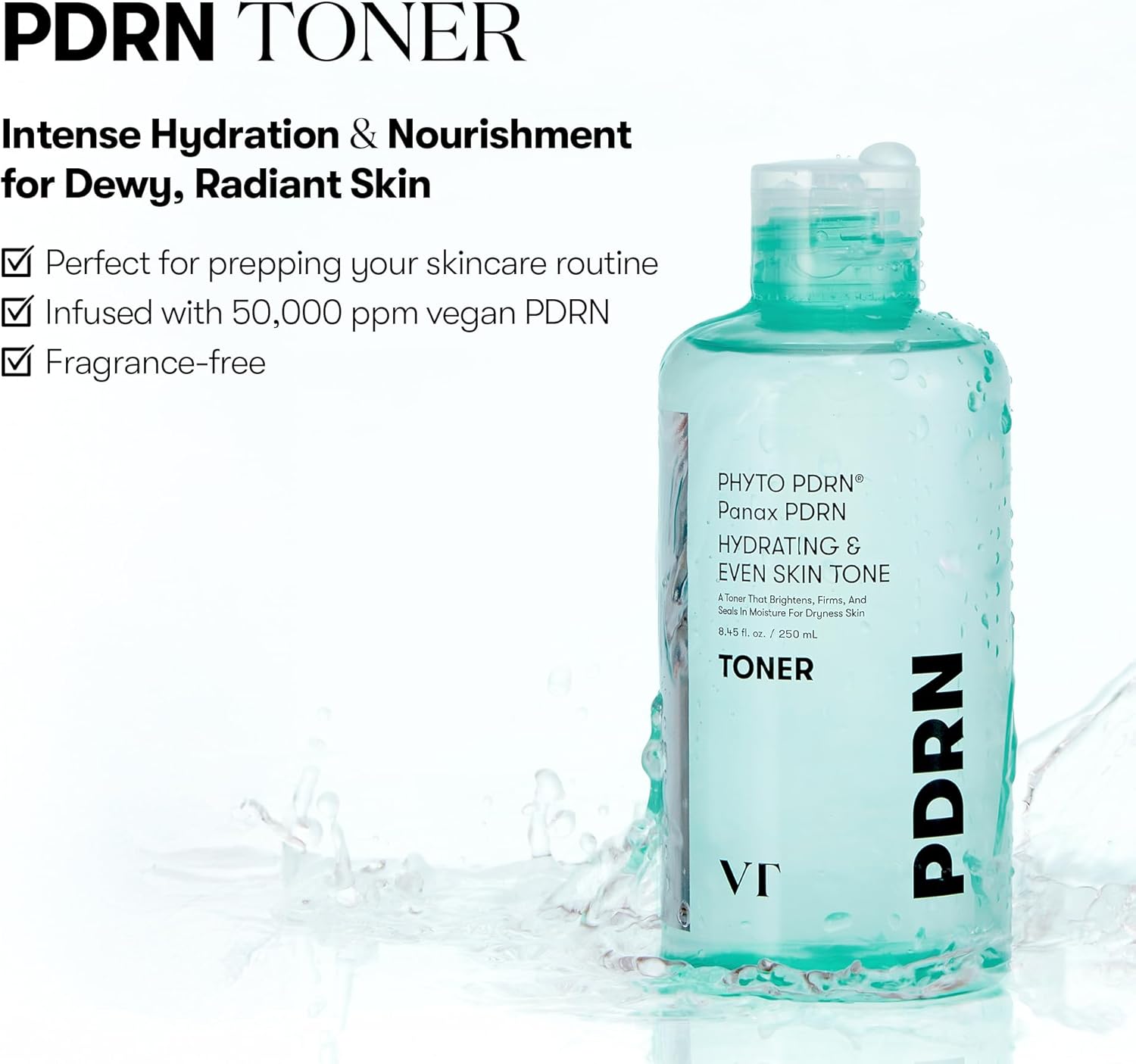 VT COSMETICS PDRN Toner, Hydrating Facial Toner with 50,000ppm Vegan PDRN, Korean Wild Ginseng, Niacinamide & Panthenol, Lightweight, Fragrance-Free, Skin Soothing, Korean Skincare (8.45 fl. oz.) - Image 2