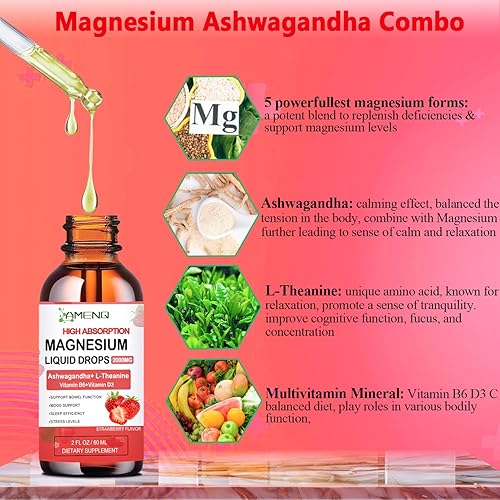 Miniatura 6 de Gotas líquidas de glicinato de magnesio, complejo de magnesio quelatado 5 veces con zinc, D3, L-teanina, Ashwagandha, suplemento orgánico de