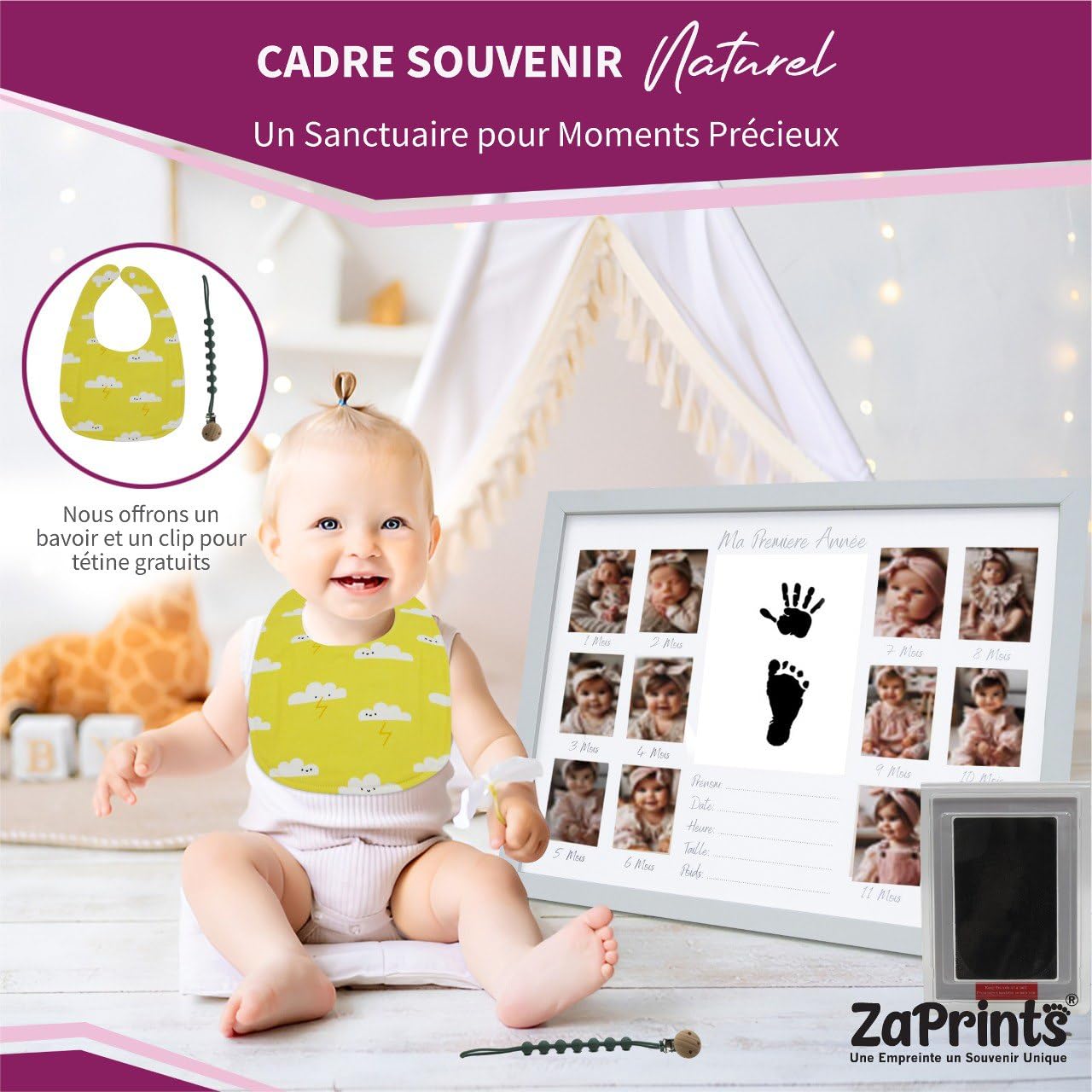 Cadre Photo Souvenir de la Première Année Bébé - 12 photos Pêle Mêle - Kit Empreinte Bébé - Cadeau Naissance Personnalisé - Décoration Cadre Chambre Bebe - Coffret Cadeau- En Français