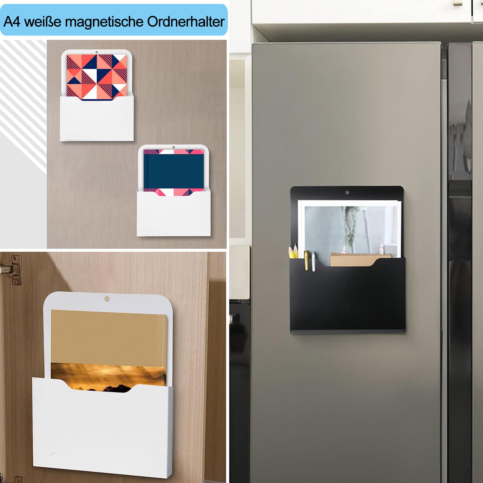 Porte-documents Magnétiques Lot De 2 - Porte Stylos, Marqueurs, Fichiers A4 Pour Frigo, Bureau, Cuisine, Noir