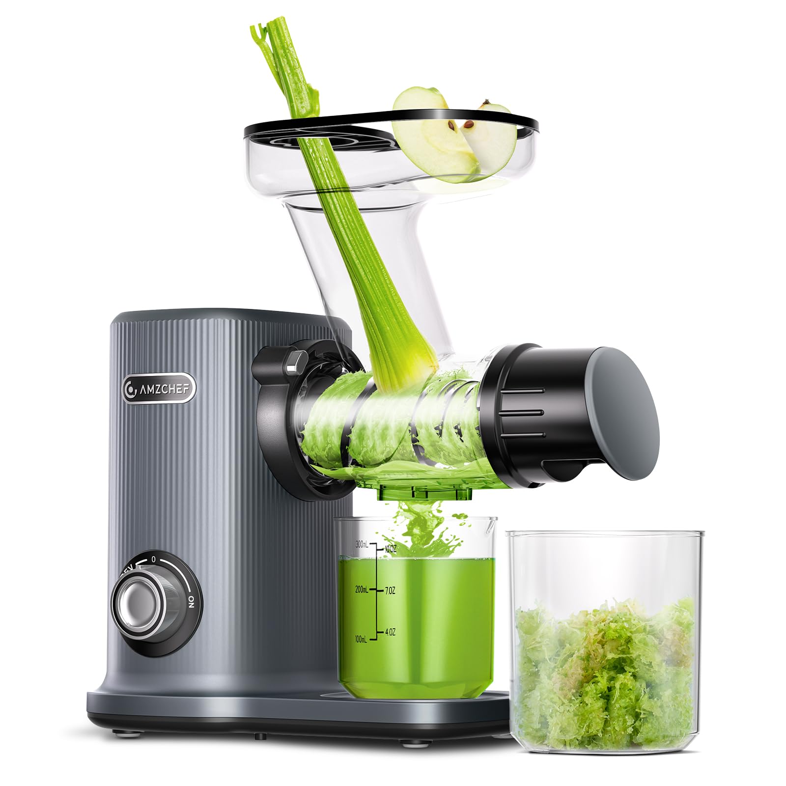 AMZCHEF Estrattore Compatto con Due Modalità di Alimentazione per Utilizzo Facile - 150W Estrattore frutta e verdura con Protezione al Surriscaldamento e Masticazione Inversa - Grigio