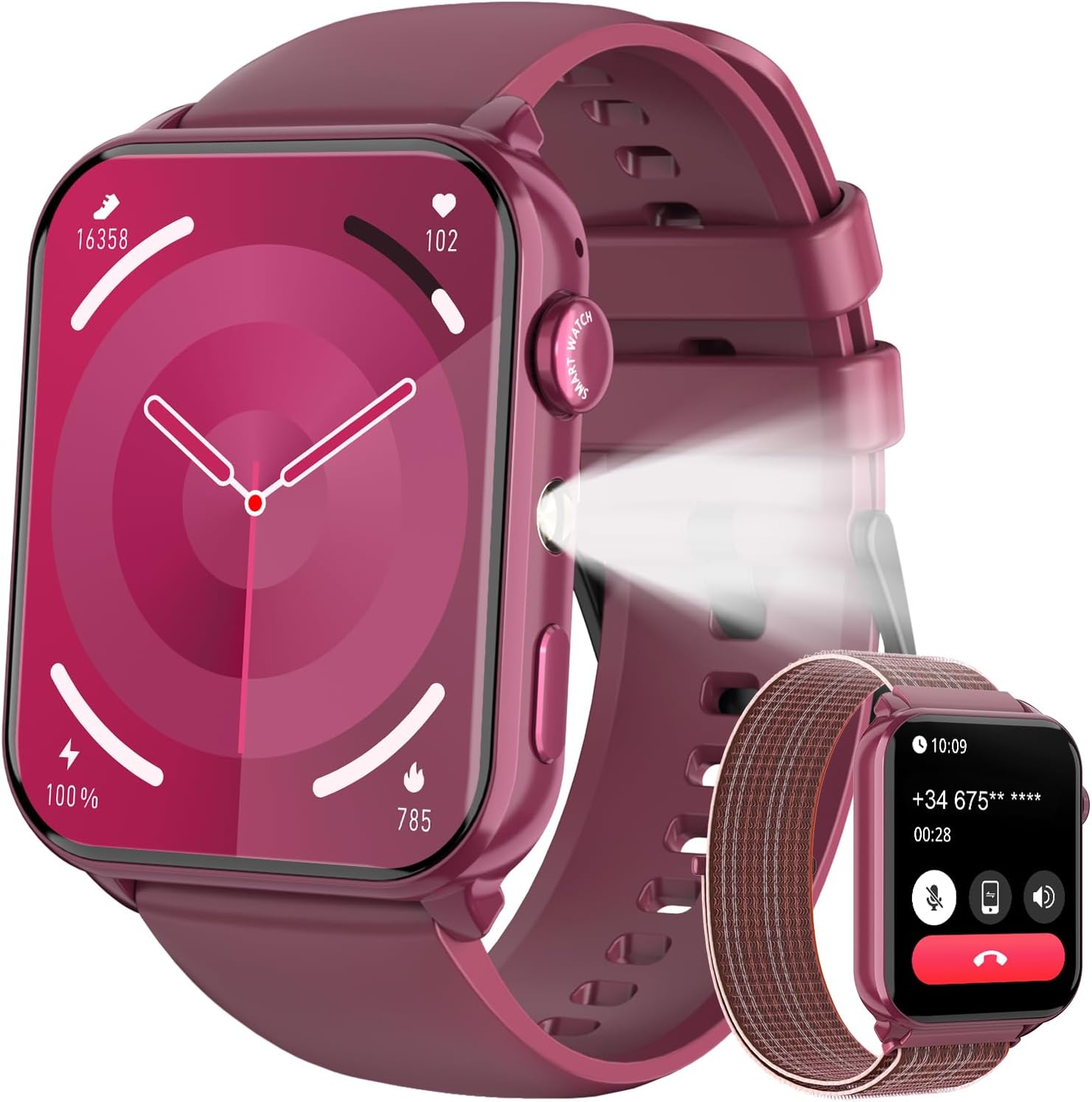 Reloj inteligente mujer 1.91 pulgadas con linterna y dos correas