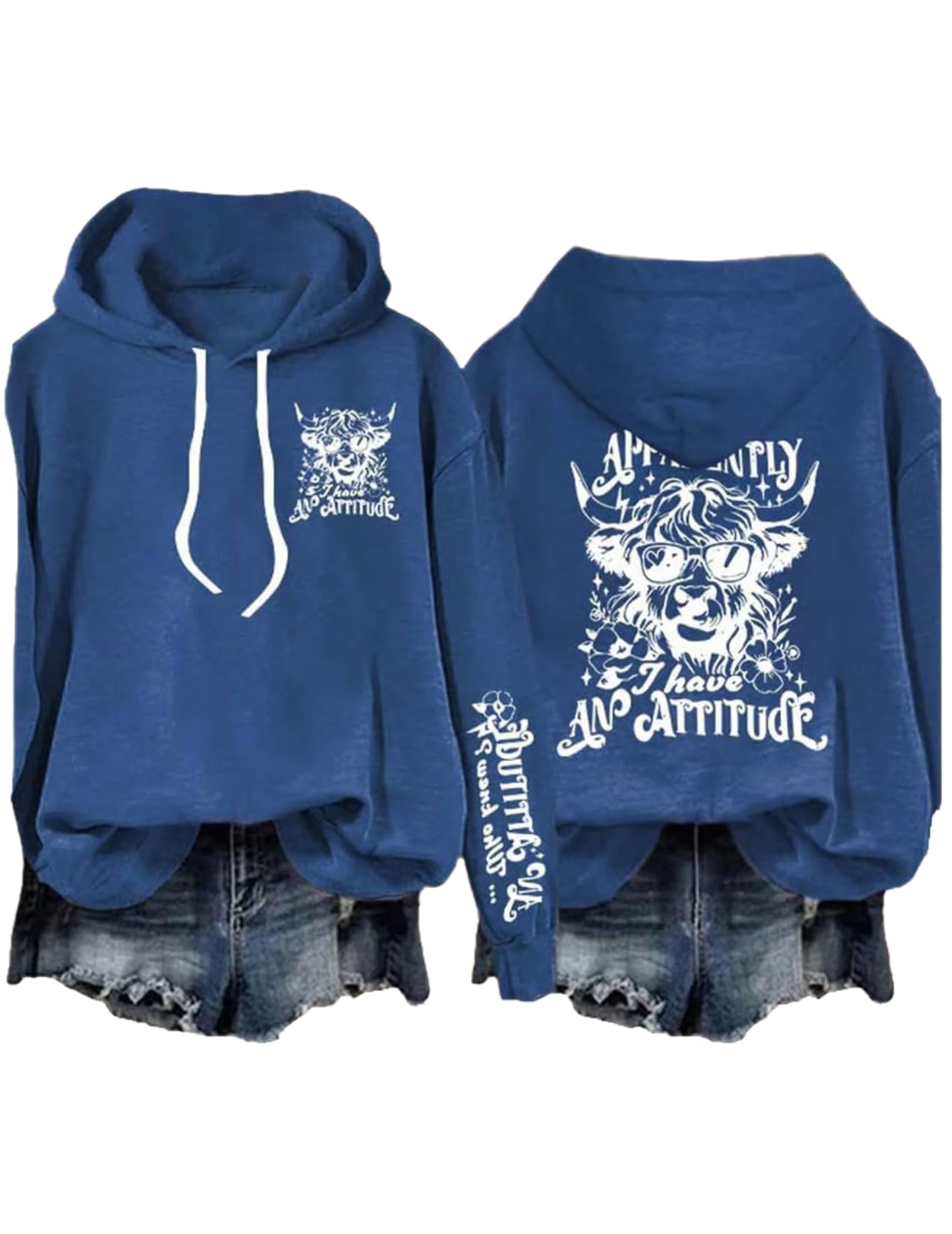 HTU Apparently I Have An Attitude Langarm-Hoodie, doppelseitig Bedruckt, mit Kapuze, süßes Highland-Kuh-Oberteil, stilvolles Kuh-Sweatshirt, modischer Tierpullover