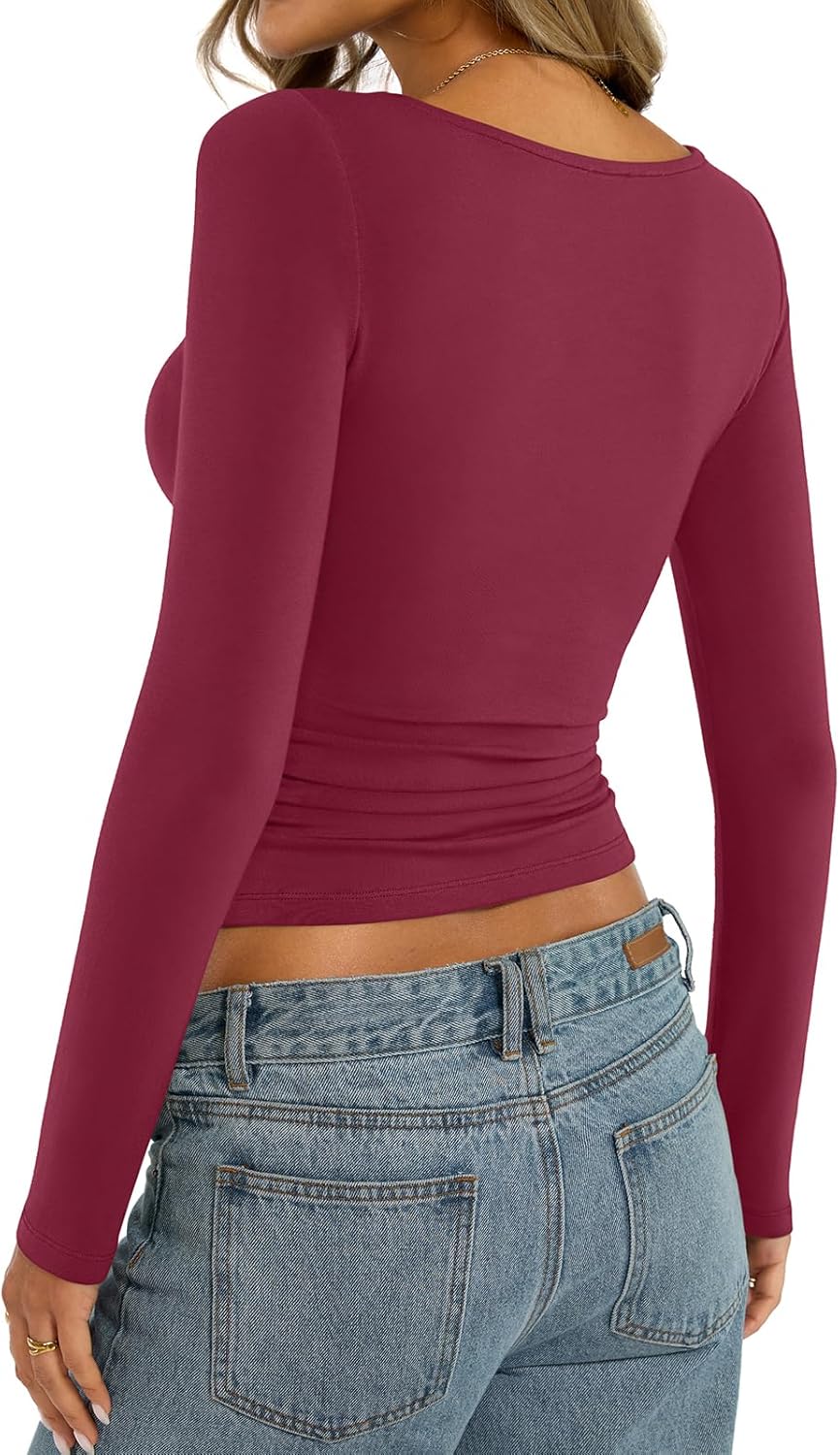 Womens Cotton Boat Neck Long Sleeve Shirts Basic Going Out Stretchy Slim Fit Y2k Crop Tops - Image 6