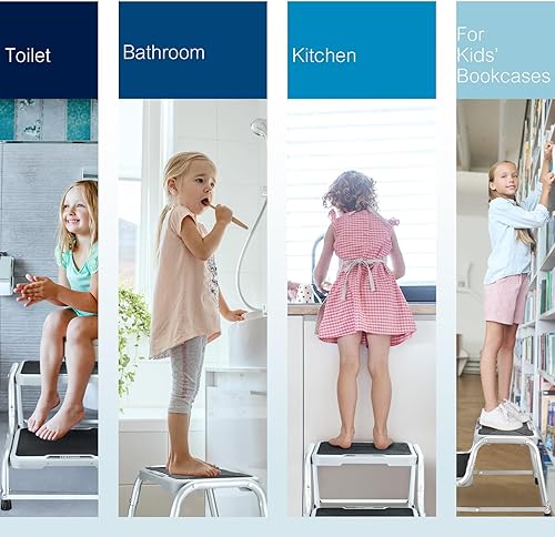 Miniatura 7 de HBTower Taburete de 2 escalones, taburetes para adultos y niños con patas de goma antideslizantes, taburetes resistentes para dormitorio, cocina,