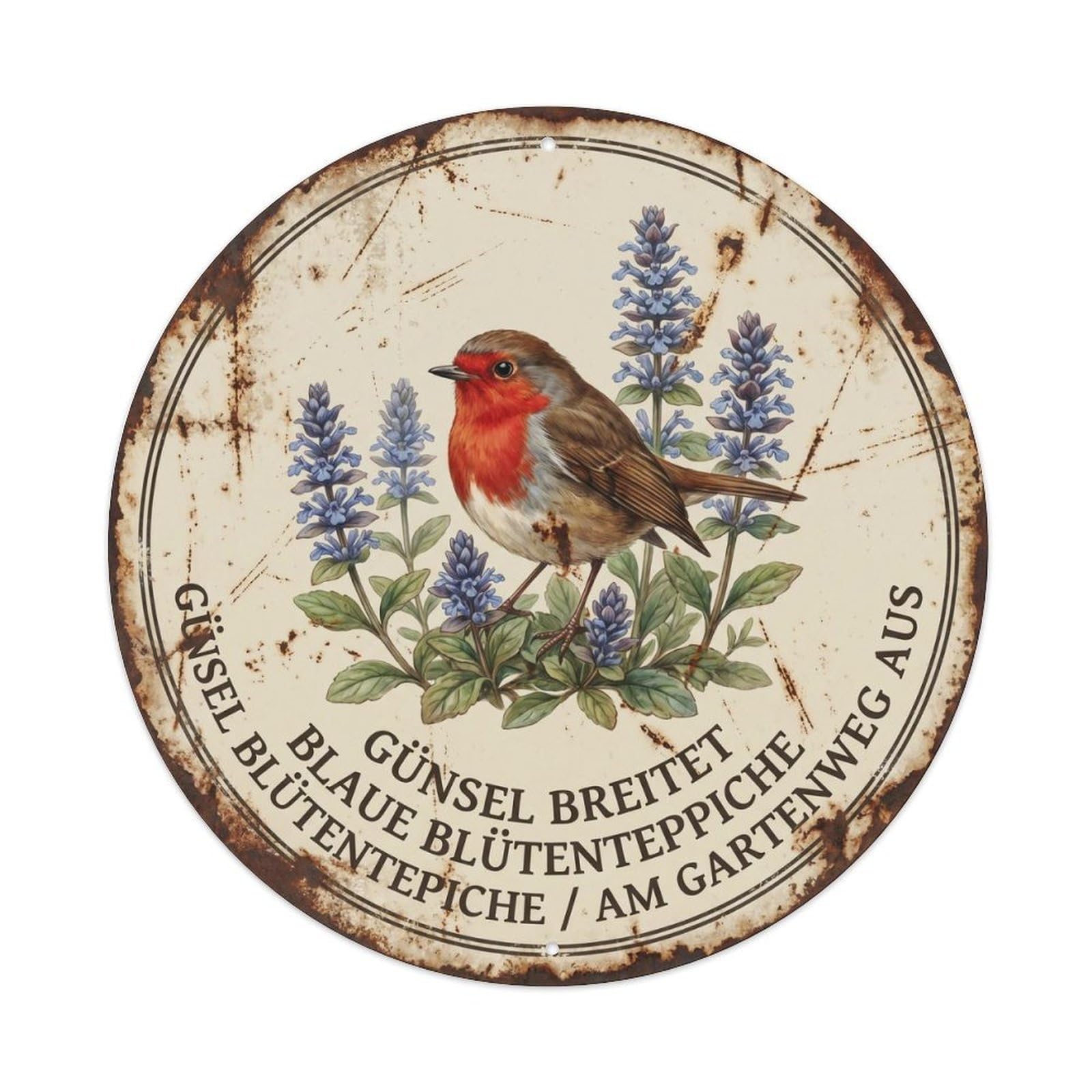 Robin Bird Garden Quote Ajuga RoundMetal Tin Sign