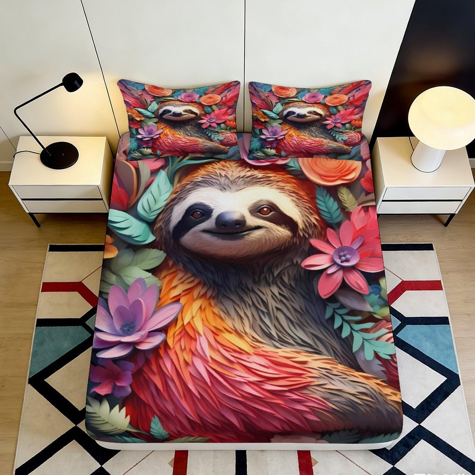 3D Printed Colorful Sloth Fitted Sheet Microfiber Soft Floral Jungle Mattress Cover for Bedroom Guest Room Decor 90x200x25cm