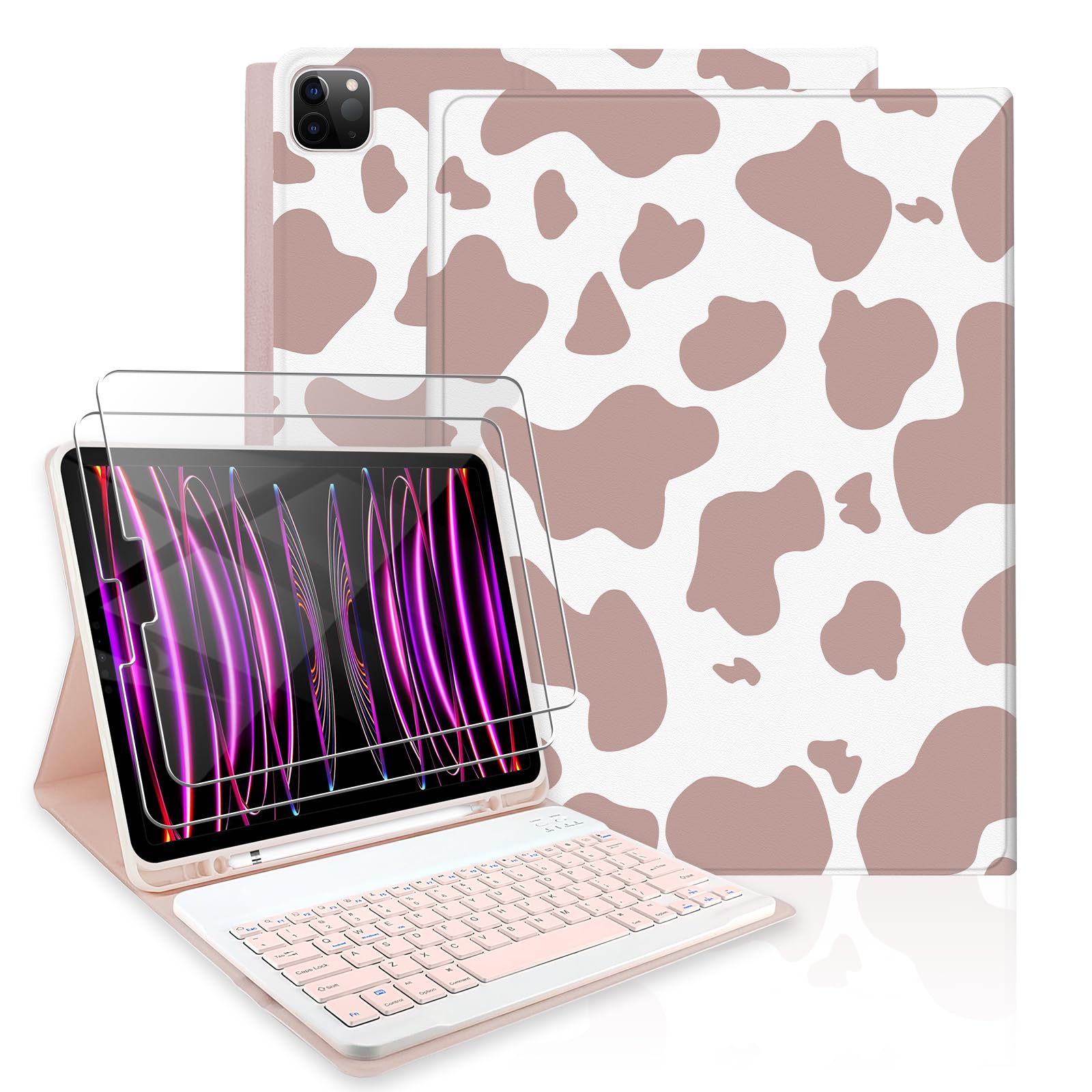 TopPerfekt Keyboard Case for iPad Pro 12.9" 6th/5th/4th/3rd Generation (2022/2021/2020/2018) with 2 Pack 9H Hardness Tempered Glass Screen Protector,