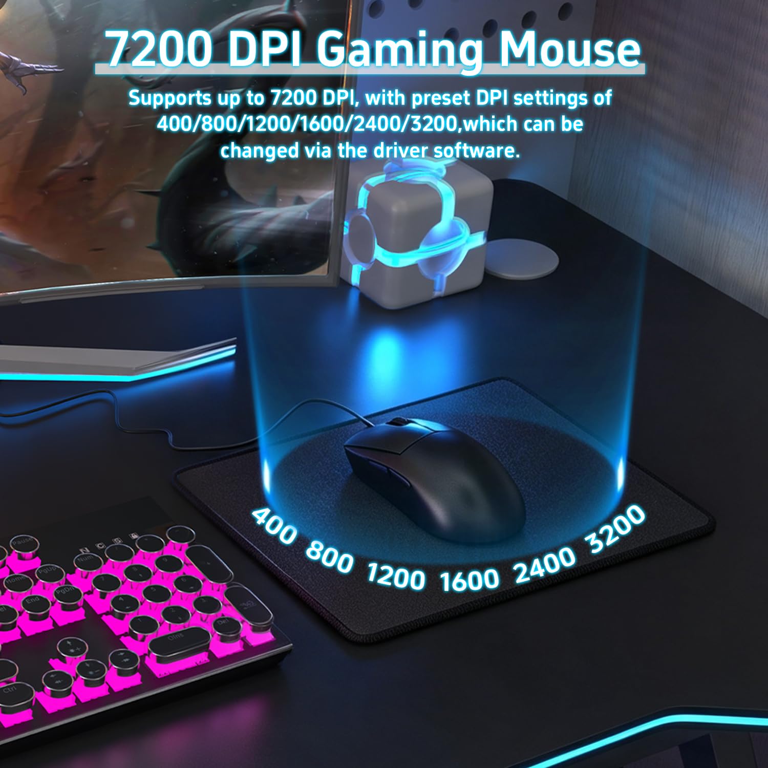 Ensemble de clavier de jeu mécanique punk bleu – Clavier USB filaire avec commutateurs bleus à clic, touches ABS, rétroéclairage RVB de couleurs mélangées avec souris et tapis de souris