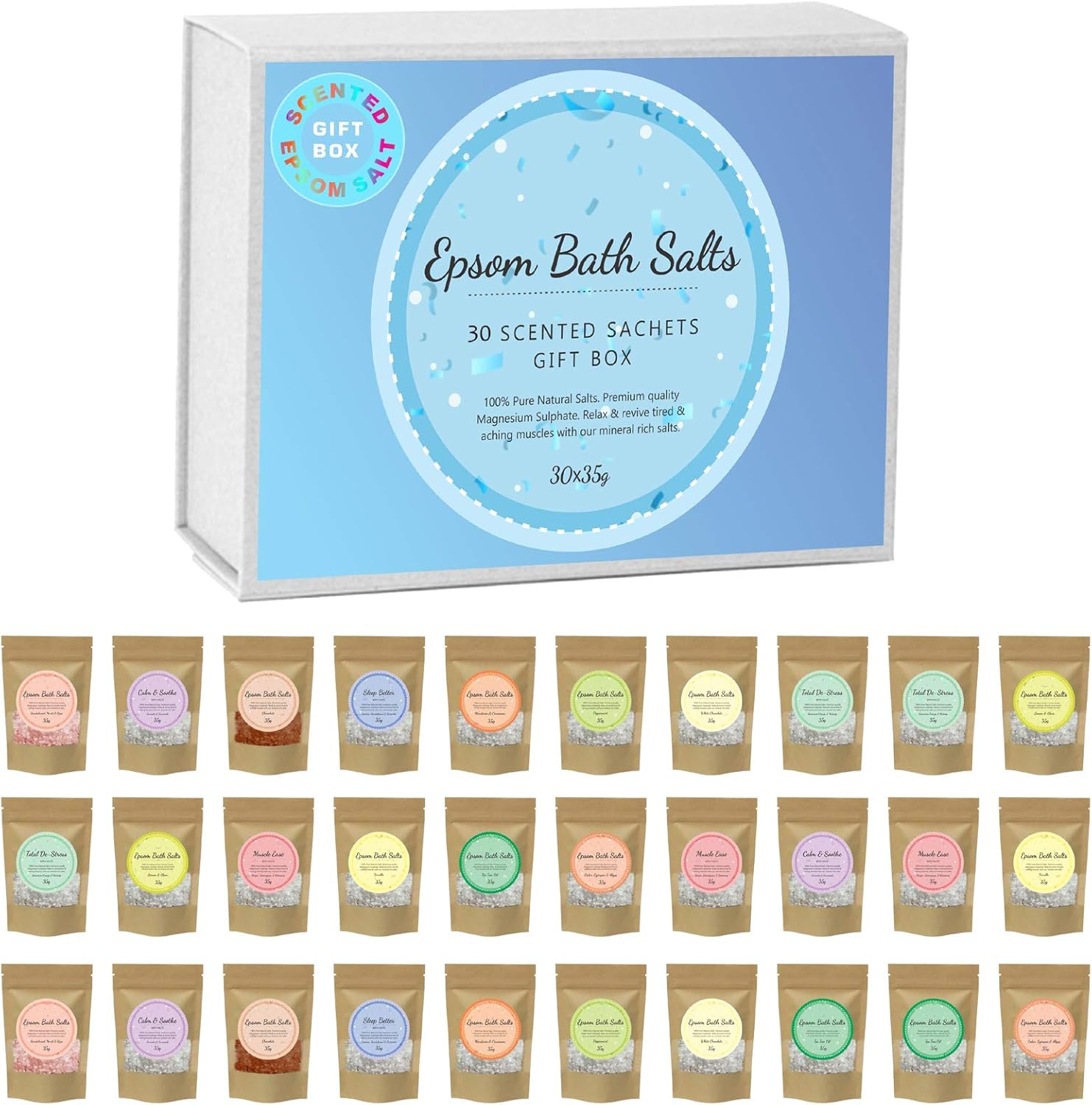 Scented Pure Epsom Salts | Magnesium Sulphate Bath Spa Salt | 30x35G Variety Gift Hamper Box Pack by PSN | Ideal for Relieving Sore Muscles | Reduces Inflammation