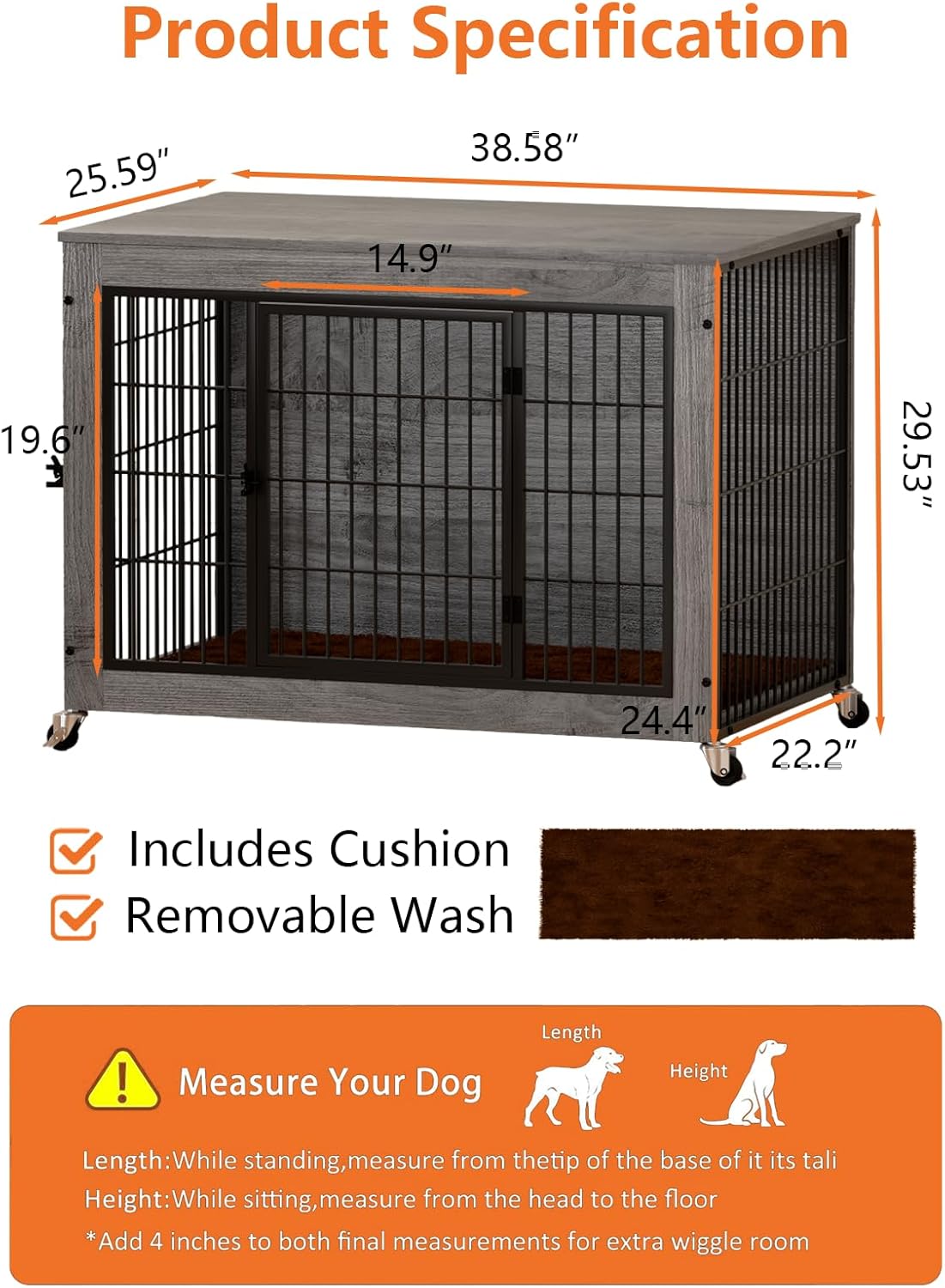 Dog Crate Furniture with Cushion, 38 Inch Dog Kennel Furniture with Wheels, Heavy Duty Large Dogs Crate Furniture, Grey Double Doors Large Kennel Indoor, Furniture Cage & Crate for Dogs