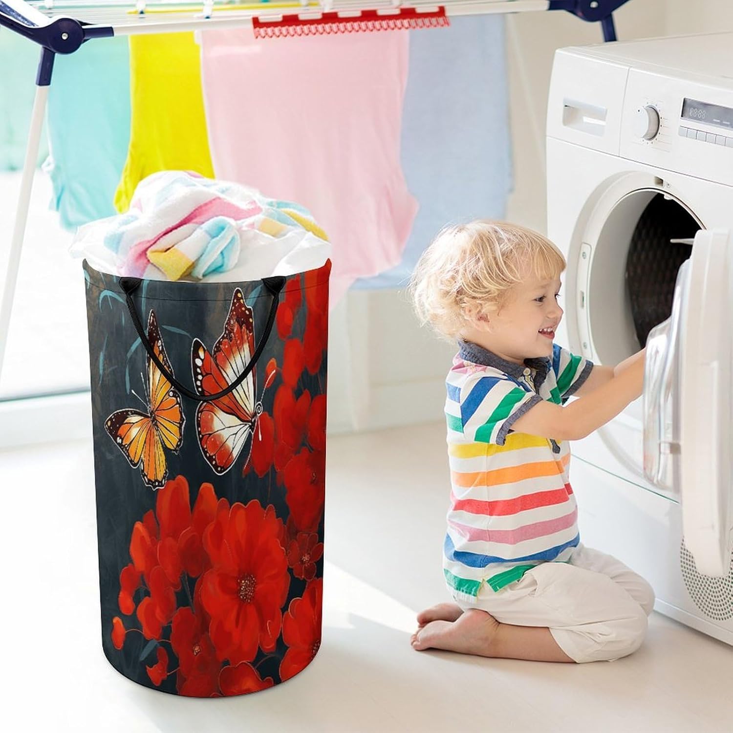 Red Flowers And ButterfliesLaundry Hamper - Large Dirty Clothes Bag.Storage Basket for Easy Carry Handles. Large Clothes Basket with Handles, Clothing Storage Bucket Toy Organizer for Bathroom Bedroo
