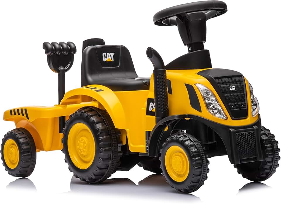 Lemodo Rutschauto Traktor mit Anhänger CAT gelb ab 1 Jahr – Kindertraktor mit Schaufel & Rechen, Lic