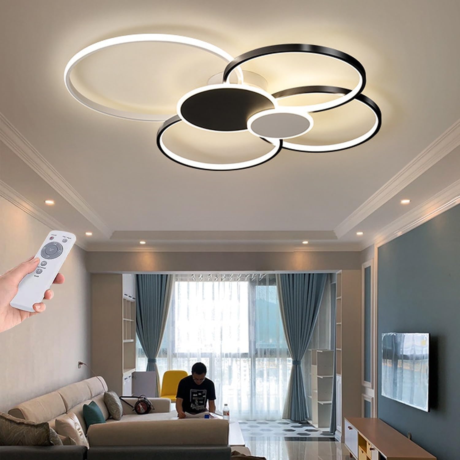 Produktbild von Style Home LED Deckenleuchte, Deckenlampe 45W, Voll Dmmbar Mt Fernbedenung, Modern Leuchte Fuer Wohnzimmer Schlafzimmer Esszimmer Kueche Buero Rechteckig 42 42 6 Cm Schwarz